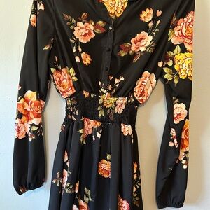 J For Justify black floral print long sleeve shirt cinched waist dress
